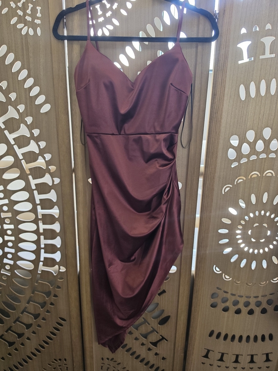 Lovely Day Dresses & Skirts - Lovely Day Asymmetrical Satin Slip Dress in Red Brown